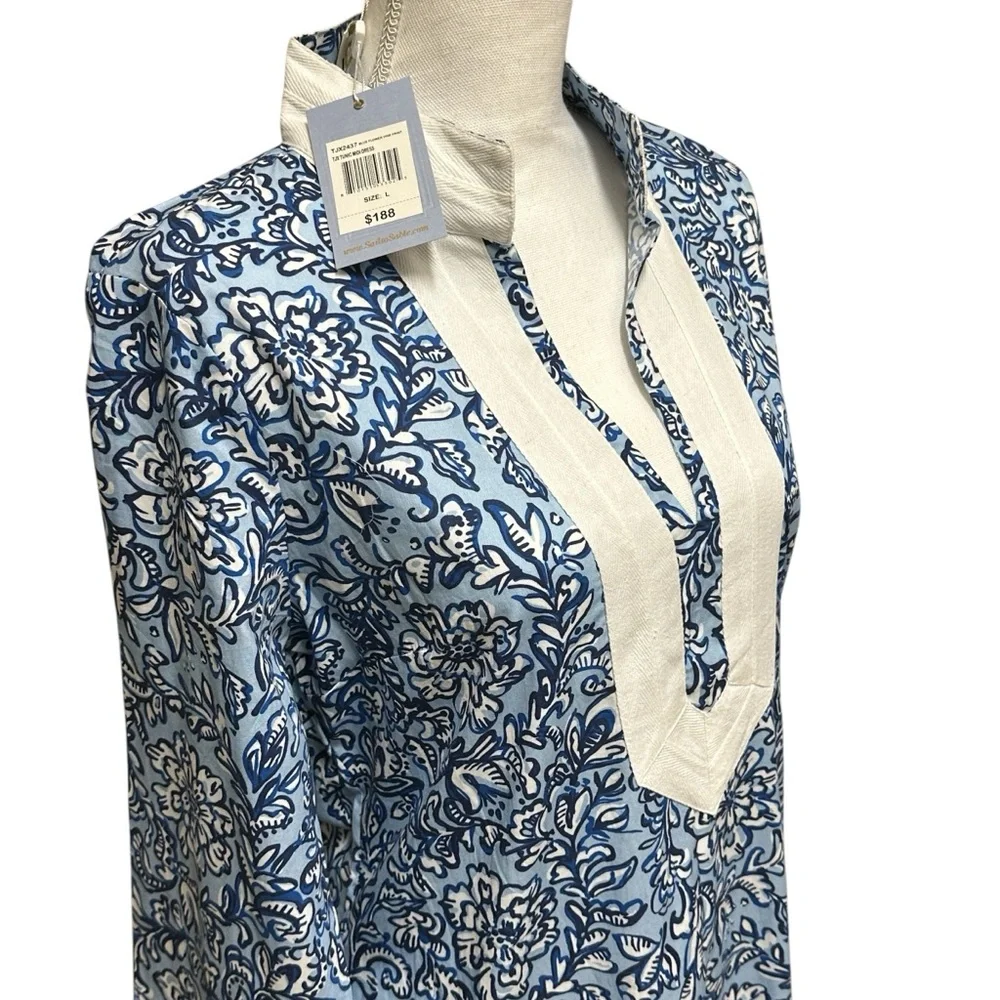 NWT SAIL TO SABLE 100% Cotton Blue & White Tunic Midi Kaftan Dress Size L - Picture 5 of 16